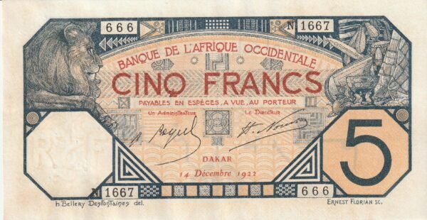 French West Africa-P-5Bb, 5 Fcos., 14-Diciembre-1922, Nº.-1667/666, Look Scand, XF