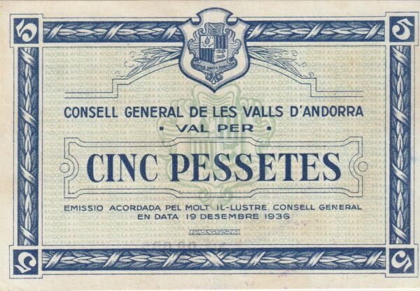 Andorra ADR-P-3, 5 Ptas., Diciembre-1936, Look Scand, Nº 02022, XF