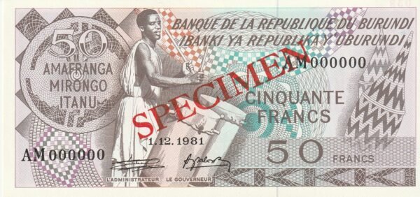 Burundi BRD-P-28b(81), 50 Fcos., 1-Dic.-1981, SPECIMEN, Look Scand, UNC