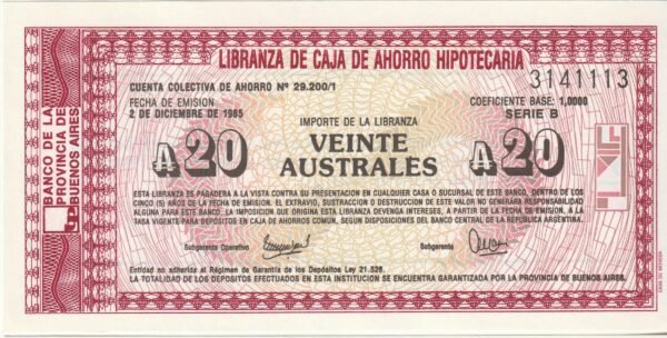 Argentina ARG-P-Libranza 20 Australes, 1985, UNC