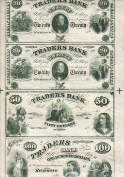 Estados Unidos USA, 20+20, 50 y 100 $, Pliego Traderds Bank de Richmond, Virginia, 18__, Uniface, aUNC