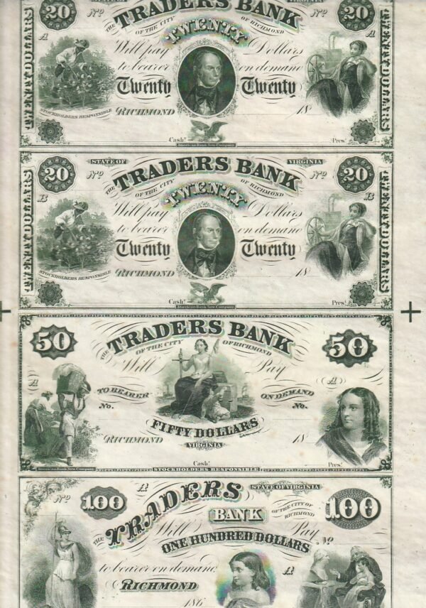 Estados Unidos USA, 20+20, 50 y 100 $, Pliego Traderds Bank de Richmond, Virginia, 18__, Uniface, aUNC