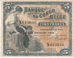 Congo Belga BCN-P-13Ac, 5 Fcos., 1944, Nº.- 813636, Look Scans, XF