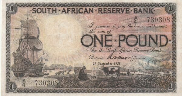 Sudafrica DSF-P-75, 1 pound, 21-Septiembre-1921, Nº A/U730308, Look Scand, XF