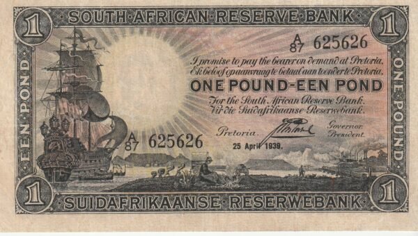 Sudafrica DSF-P-84c, 1 Pound, 25-Abril-1938, Nº A/87-625626, Look Scand, XF