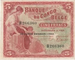 Congo Belga BCN-P-13 , 5 Fcos., 1942, Nº.- B266360, Look Scans, XF