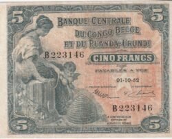 Congo Belga BCN-P-21, 5 Fcos., 1-Octubre-1952, Nº B223146, Look Scans, XF