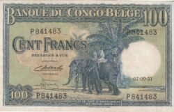 Congo Belga BCN-P-17d, 100 Fcos., 7-Sept.-1951, Nº P841483, Look Scans, XF