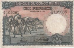 Congo Belga BCN-P-14E , 10 Fcos., 15-Agosto-1949, Nº A/R109085, Look Scans, XF