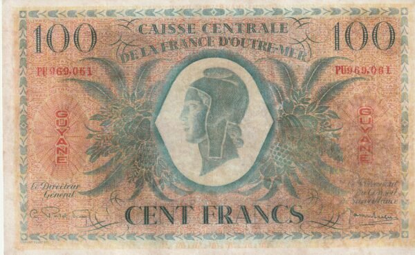 French Guyana FGY-p-17a, 100 Fcos., 1944, Nº PU969061, Look Scand, VF+