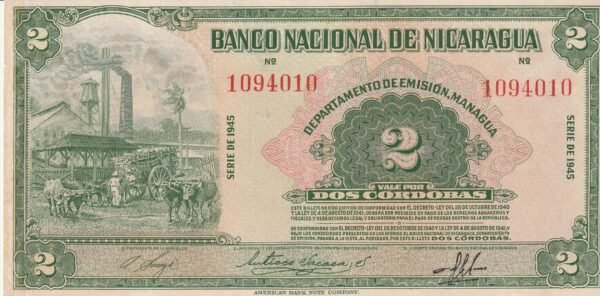 Nicaragua NIC-P-92b, 2 Córdobas, 1945, Nº 1094010, Look Scand, XF