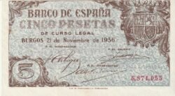 España ESP-P-97a, 5 Ptas., 21-Noviembre-1936, Nº 5871055, Desplazado, Look Scand, XF