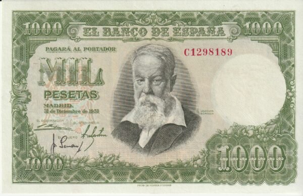 España ESP-P-143(Guerra 516), 1.000 Ptas., Nº C1298189, Look Scand, 31-Diciembre-1951, XF+++