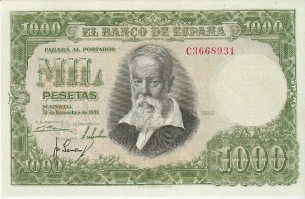 España ESP-P-143(Guerra 516), 1.000 Ptas., Nº C3668931, Look Scand, 31-Diciembre-1951, XF++