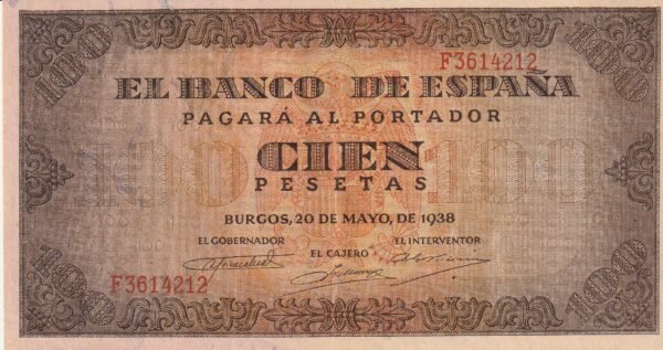 España ESP-P-113a(Guerra-485), 100 Ptas., Burgos, Nº F3614212, 20-Mayo-1938, Serie F, EBC/XF