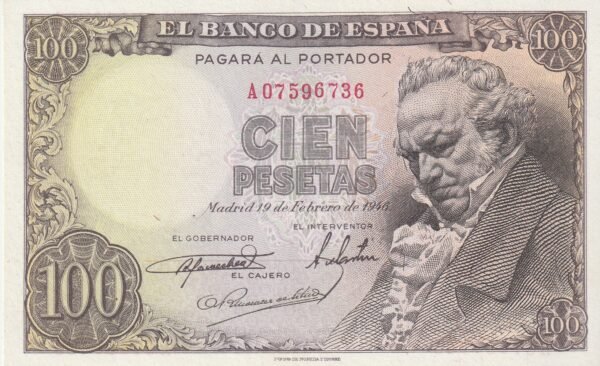 España ESP-P-131a, 100 Ptas., Fco. Goya, 1946, Nº.- A07596736, Look Scand, XF