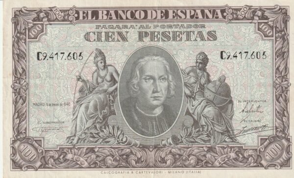 España ESP-P-118, 100 Ptas., 9-Enero-1940, Nº C9417605, Look Scand, VF