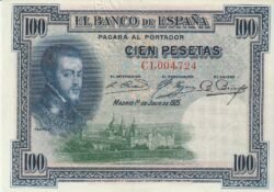 España ESP-P-69b, 100 Ptas., 1925, Nº C1004724, Resello en seco Estado Español, Look Scand, EBC