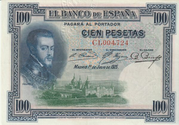 España ESP-P-69b, 100 Ptas., 1925, Nº C1004724, Resello en seco Estado Español, Look Scand, EBC