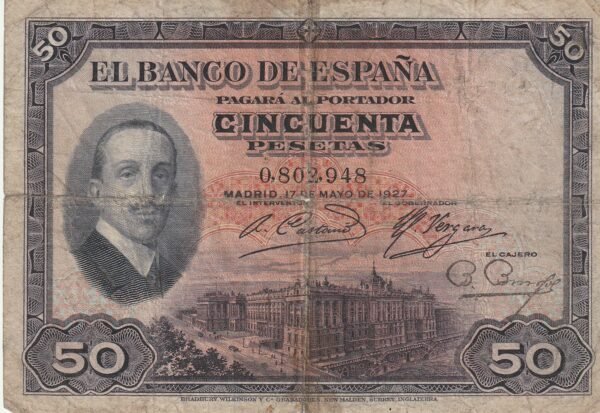 España ESP-P-72a, 50 Ptas., 1927, Alfonso XIII, Nº 0802948, Look Scand, Fine