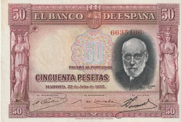 España ESP-P-88x(1), 50 Ptas. Ramón y Cajal, 1935, Nº 6635406, Variedad color, Look Scand, UNC