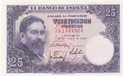 España ESP-P-147,  25 Ptas., 22-Julio-1954, Isaac Albeniz, Serie A, Nº A1447924, Look Scand, aUNC