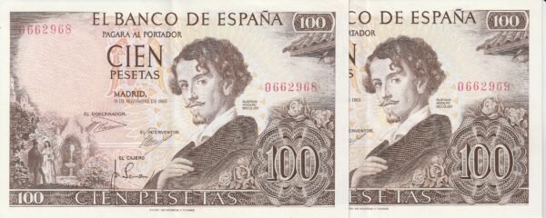 España ESP-P-150, 100 Ptas., Sin Serie, Gustavo A. Becquer, Pareja correlativa, Look Scand, XF