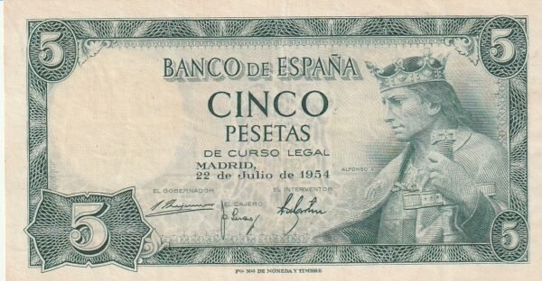 España ESP-P-146, 5  Ptas., 1954, SIN Serie, Nº 3972454, Look Scand, VF+