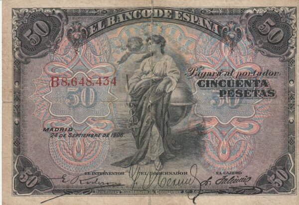 España ESP-P-58a, 50 Ptas., 1906, Nº B8648434, Look Scand, Fine