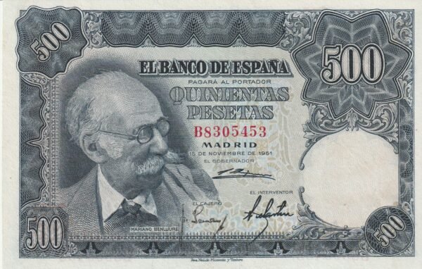 España ESP-P-142, 500 Ptas., 1951, Benlliure, Nº B8305453, Look  Scand, VF+