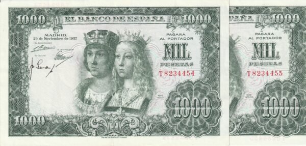 España ESP-P-149, 1.000 Ptas., Pareja Correlativa Nº T8234454/55, Reyes Católicos, 29-Noviembre-1957, , XF+