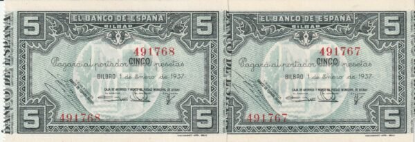 España ESP-P-S561h, Bco. España-Bilbao(CAYMPM de Bilbao), 5 Ptas, 1937, Pareja correlativa Nº 491767/8, Look Scand, UNC