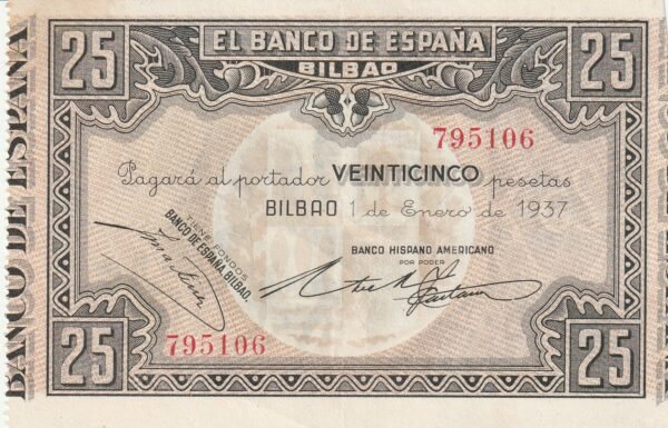 España ESP-P-S561h, Bco. España-Bilbao(Bco. Hispano Americano), 25 Ptas, 1937,  Nº 795106, Look Scand, XF