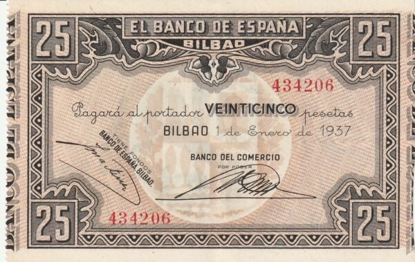 España ESP-P-S561h, Bco. España-Bilbao(Bco. del Comercio), 25 Ptas, 1937,  Nº 434206, Look Scand, XF++