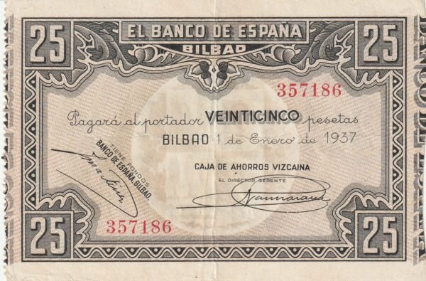 España ESP-P-S563g, Bco. España-Bilbao(C.A. Vizcaina), 25 Ptas, 1937,  Nº 357186, Look Scand, VF+
