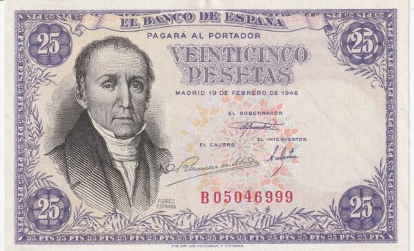 España ESP-P-130, 25 Ptas., Florez Estrada, 1946, Nº B-05046999, Look Scand, XF+