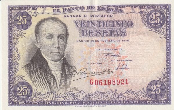 España ESP-P-130, 25 Ptas., Florez Estrada, 1946, Nº G-06198921, Look Scand, XF