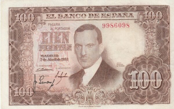 España ESP-P-145(Guerra-451), 100 Ptas., Romero de Torres, 7-Abril-1953, Sin Serie Nº.-9986098, XF