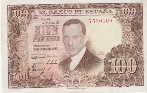 España ESP-P-145(Guerra-451), 100 Ptas., Romero de Torres, 7-Abril-1953, Sin Serie Nº.-7550109, XF