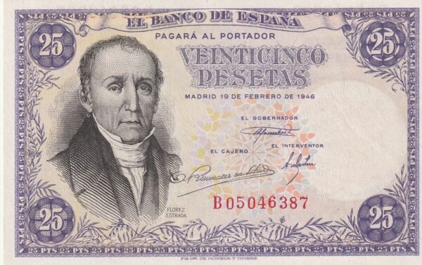 España ESP-P-130, 25 Ptas., Florez Estrada, 1946, Nº B-05046387, Look Scand, aUNC
