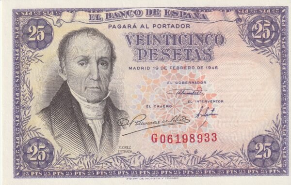 España ESP-P-130, 25 Ptas., Florez Estrada, 1946, Letra "G", Look Scand, UNC