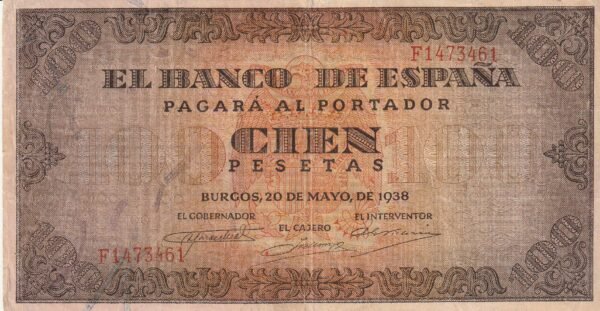 España ESP-P-113a(Guerra-485), 100 Ptas., Burgos, Nº F1473461, 20-Mayo-1938, Serie F, Look Scand, MBC++/VF++