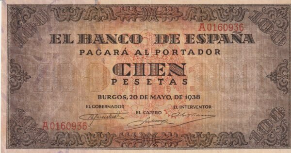 España ESP-P-113a(Guerra-485), 100 Ptas., Burgos, Nº A0160936, 20-Mayo-1938, Serie A, Look Scand, MBC++/VF++