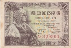 España ESP-P-128, 1 Pta., 1945, Serie "A", Nº A6429903, Look Scand, XF-