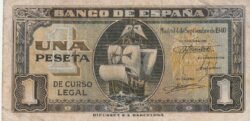 España ESP-P-122, 1 Pta., 4-Septiembre-1940, Nº H-9372739, Carabela Sta. María,  Look Scand, Fine