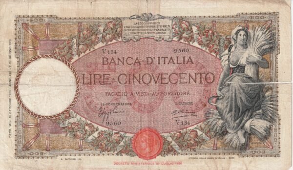 Italia ITA-P-51c, 500 Lire, 10-Octubre-1935, Nº 9560/VA34, rotura horizontal, Look Scand, Fine