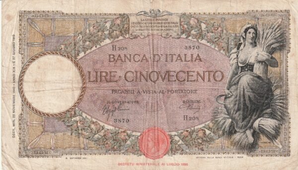 Italia ITA-P-51d, 500 Lire, 22-Noviembre-1940, Nº H208/3870, Look Scand, Very Fine