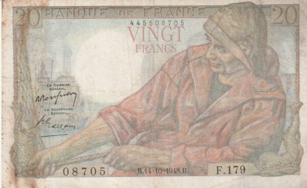 Francia FRA-P-100c, 20 Fcos., 14-Octubre-1948, Nº.- 445508705, Look Scand, VF