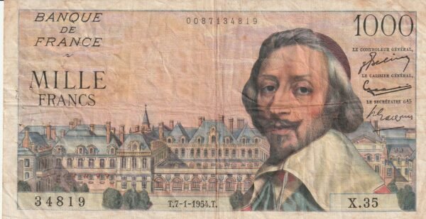 Francia FRA-P-134a, 1.000 Fcos., 7-Enero-1954, Nº.- 0087134819, Look Scand, Very Fine