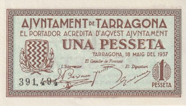 España ESP-P- Ayuntamiento de Tarragona, 1 Ptas., 17-Mayo-1937, Look Scand, UNC